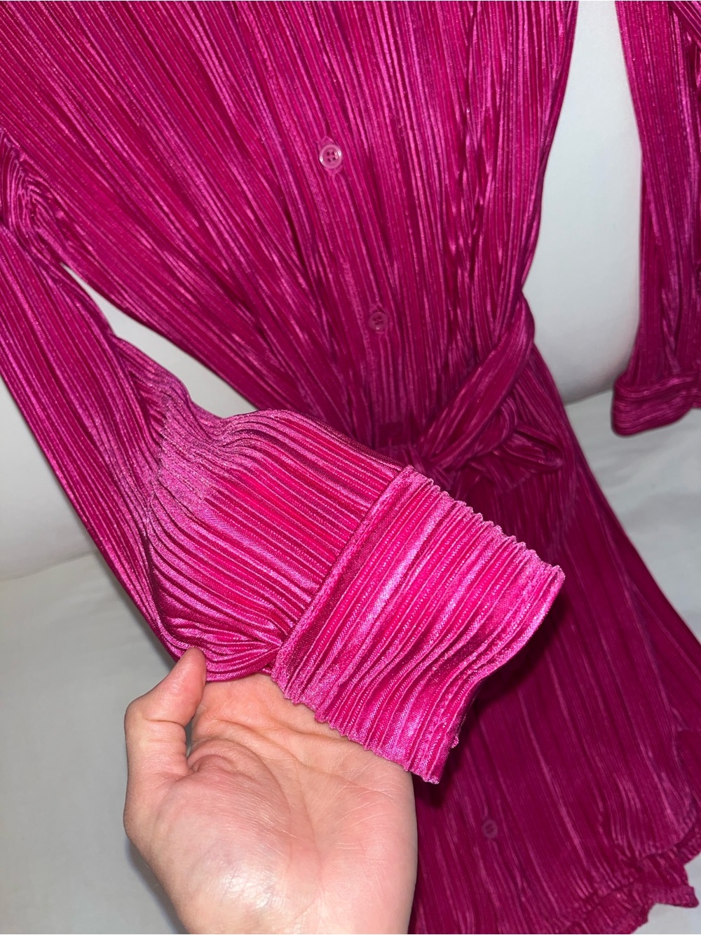 Pleated Hot Pink Button-Front Tie-Waist Dress - Picture 2 of 2